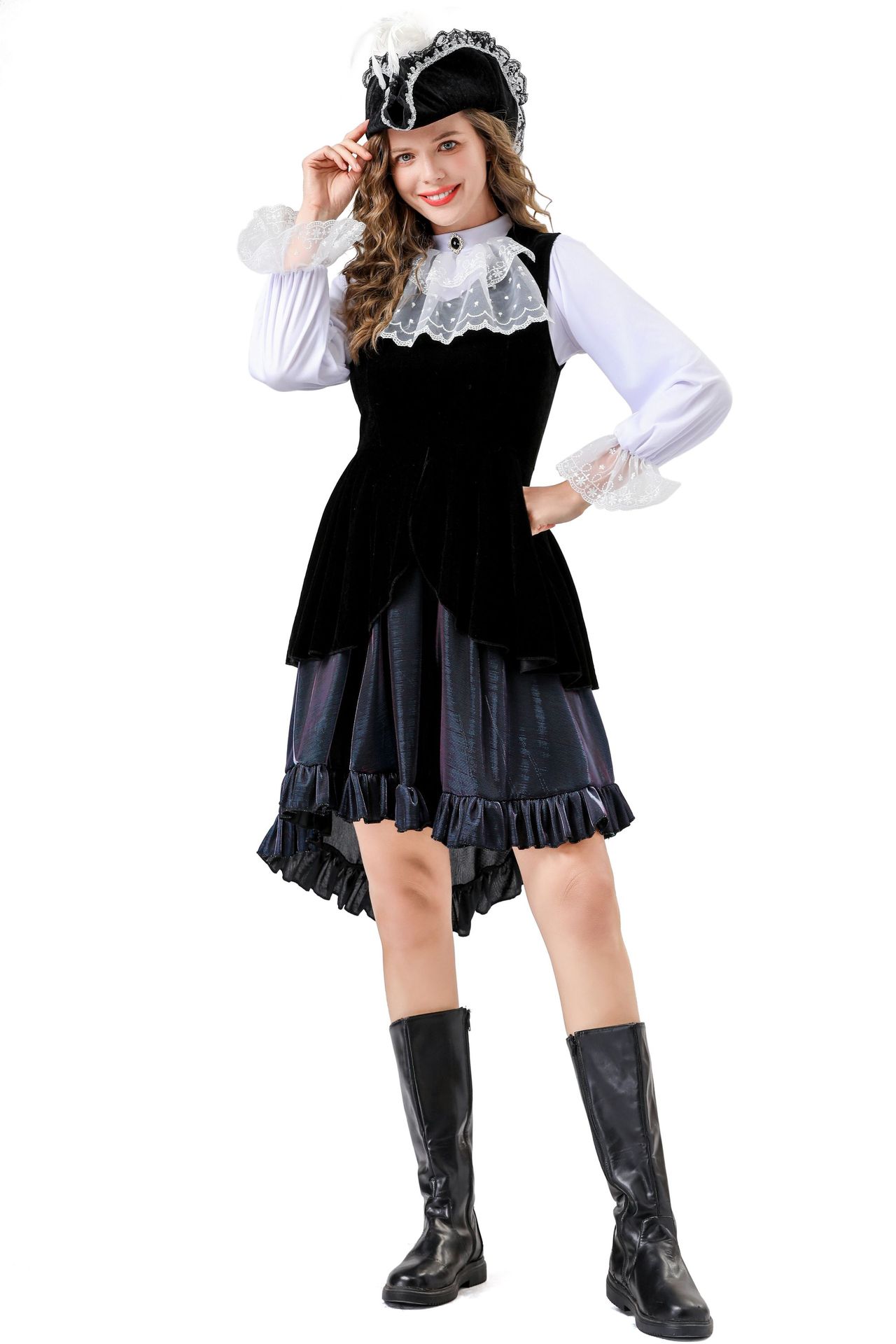 Halloween Victorian Gothic Steampunk Costume Dress with White Lace Details